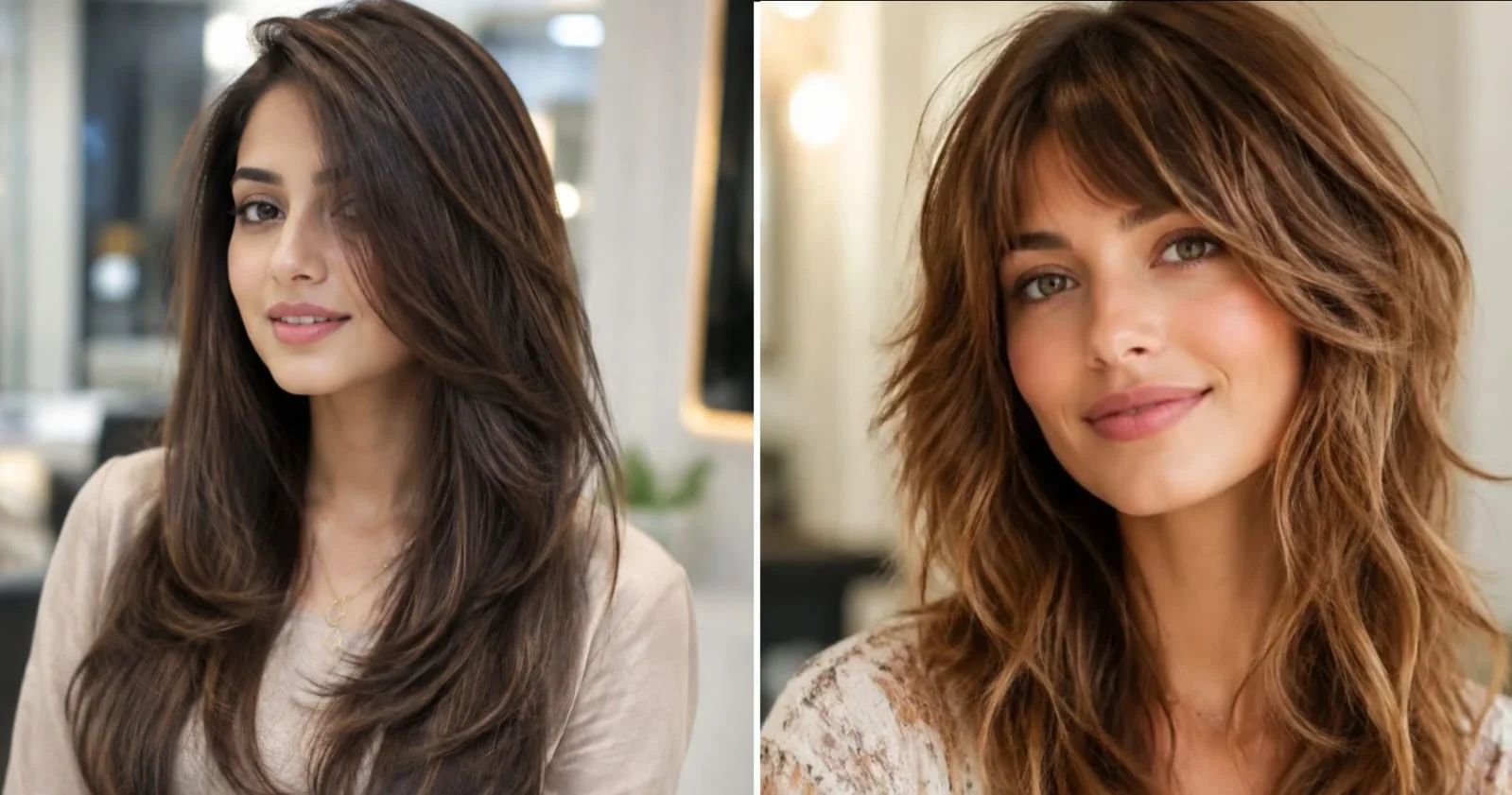 Woman with long brown hair styled with subtle ghost layers for natural volume and movement