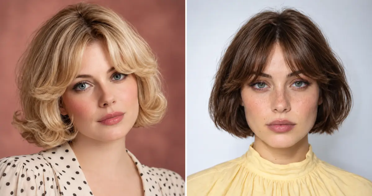 French bob haircut ideas with curtain bangs featuring different lengths, textures, layers, and hair colors