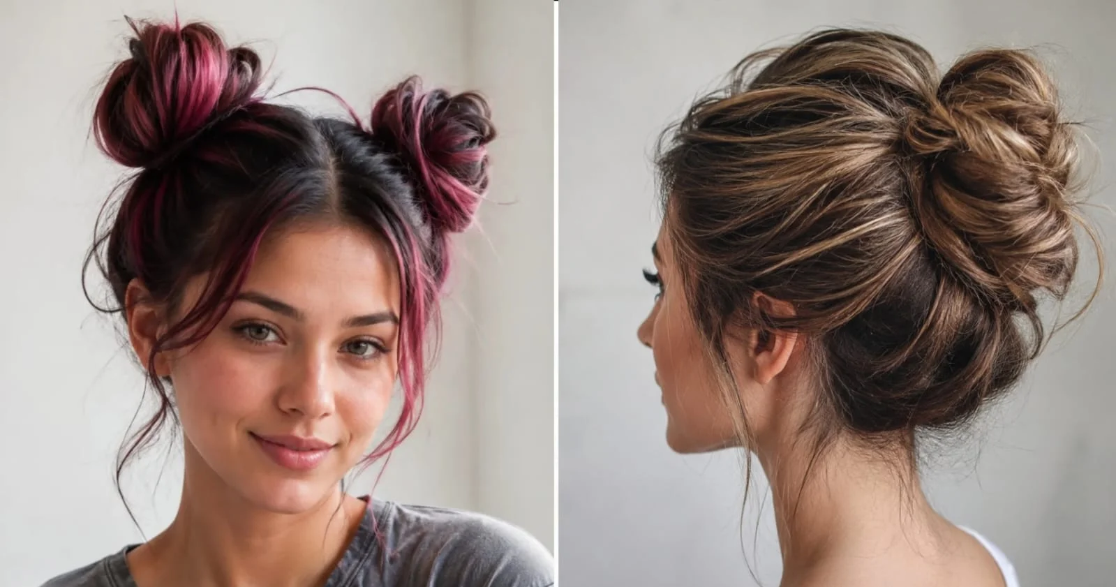 Beautiful woman wearing a classic messy bun hairstyle featuring soft textured volume, loose face-framing strands, and an effortless elegant updo suitable for every hair type.